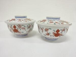 古伊万里　染付　金彩　赤絵　蓋茶碗　2客